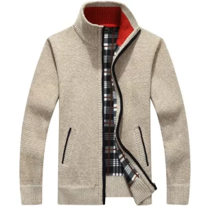 Cardigan à Manches Longues pour Homme, Pull Épais Tricoté, Manteau Polaire Blanc Cassé, Vêtement à Fermeture Éclair, Tenue Décontractée de Grande Taille pour l’Automne et l’Hiver