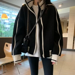 Deeptown – veste noire Harajuku pour femme, vêtement d’extérieur, surdimensionné, décontracté et fin, avec fermeture éclair, Style streetwear