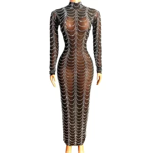 Robe transparente en maille noire scintillante, strass argentés, tenue de soirée pour femmes, fête d’anniversaire, Costume de danse, spectacle