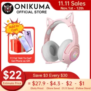 ONIKUMA – casque d’oreille de chat rose K9, avec lumière LED RGB