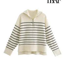 TRAF Women Fashion Loose Striped Asymmetry Knitted Sweaters Vintage Long Sleeve Zip-up Female Pullovers Chic Tops