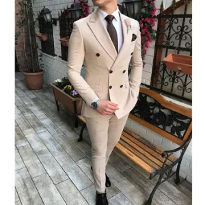 2022 New Beige Men’s Suit 2 Pieces Double-Breasted Notch Lapel Flat Slim Fit Casual Tuxedos For Wedding(Blazer+Pants)