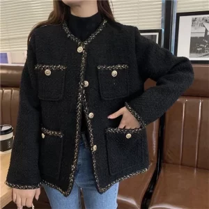 Veste en Tweed pour femmes, ample, décontractée, à manches longues, multi-poches, polyvalente, à la mode, vêtements d’extérieur noirs, nouvelle collection 2022